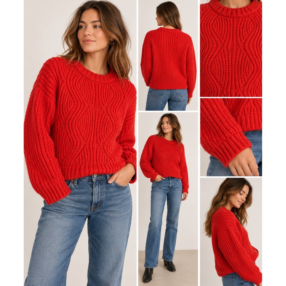 Madewell Wavy Cableknit Sweater Red Wool Alpaca Blend Medium tomato red